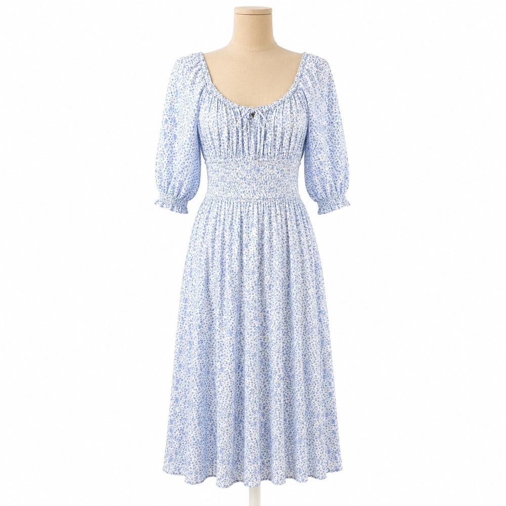 Hollister Floral Puff Sleeve Peasant Dress M Blue Cottagecore Milkmaid Coquette